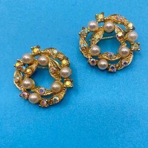 Vintage Pair Brooches Gold Tone Aurora Borealis Faux Pearls GrannyCore